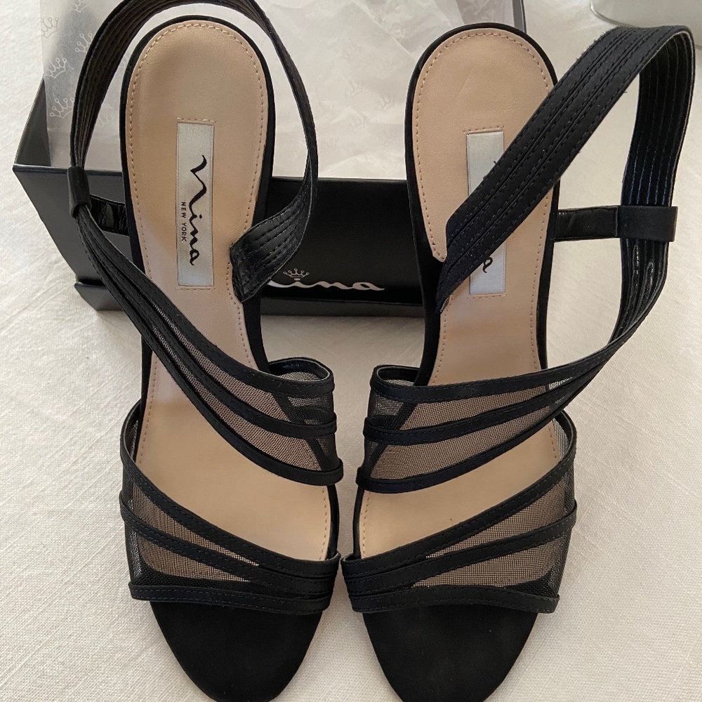 Nina Black Satin Heels worn one time!!! Beautiful shoe goes with everything!